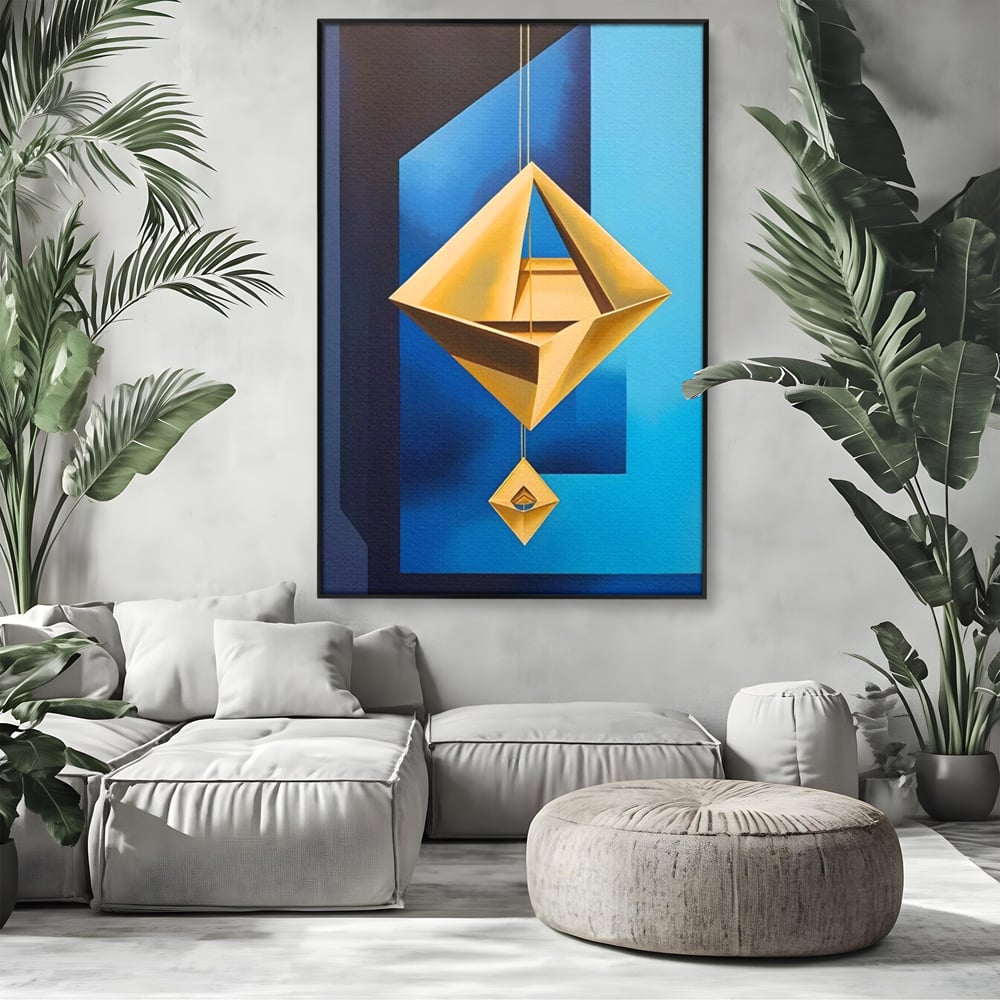 Tablou canvas cu tablou canvas cu amuleta geometrica auriu si albastru, in rama de aluminiu negru, pe perete intr-un living